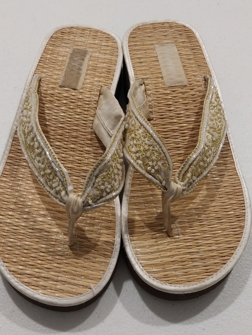 Old Navy White and Gold Beaded Thong Sandals